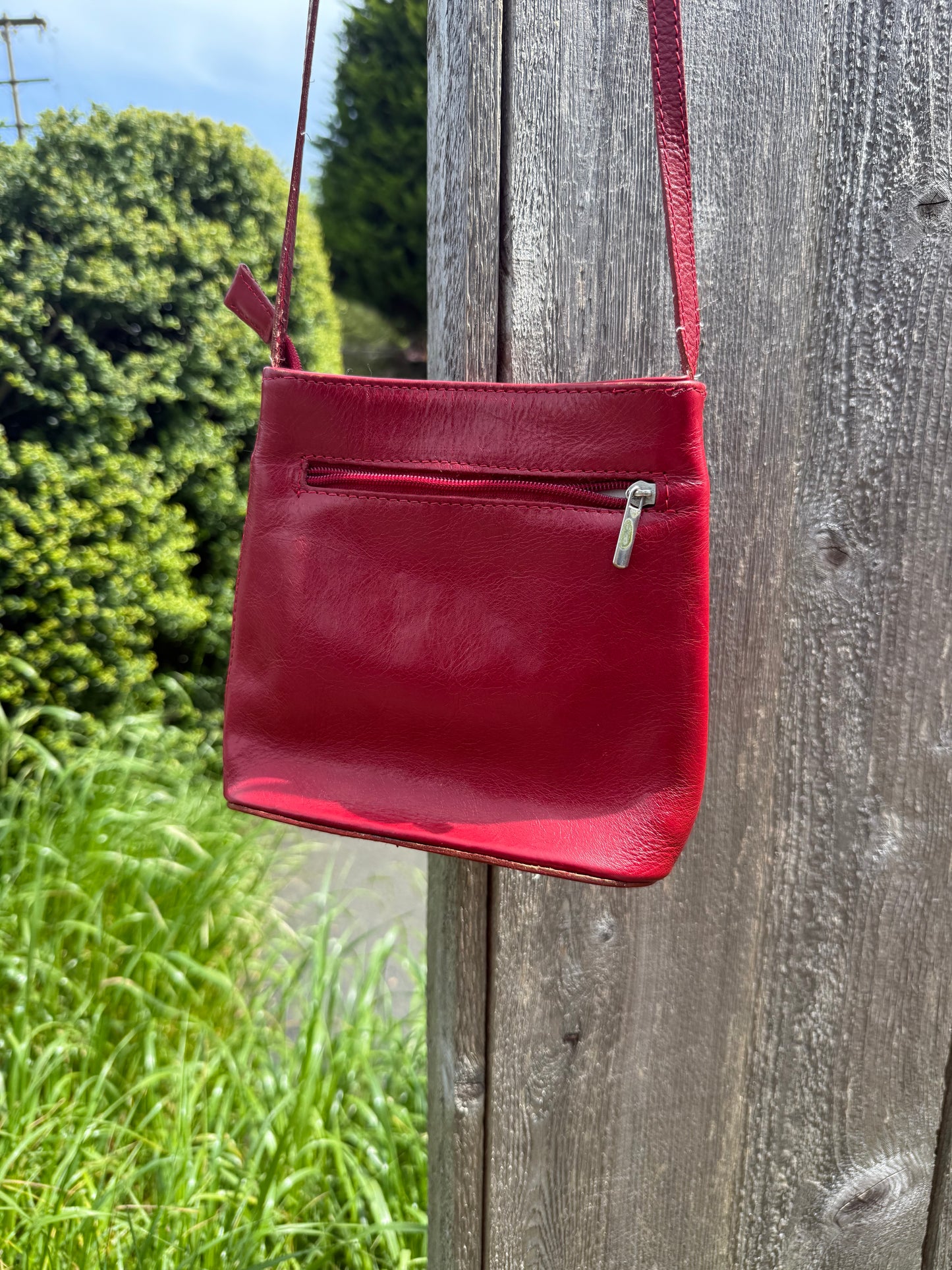 Red and pink leather crossbody