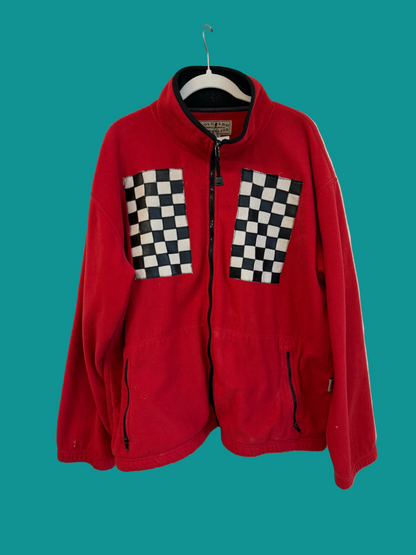 Red jacket with checkered patterns on a white background