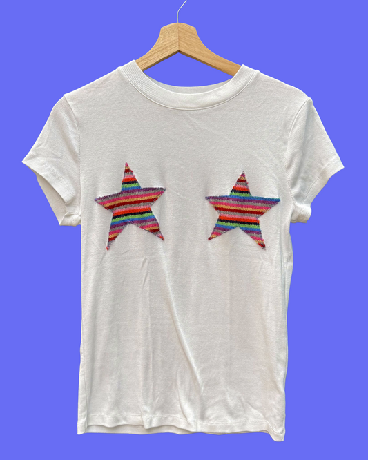 Knit star boobs white t-shirt (L)